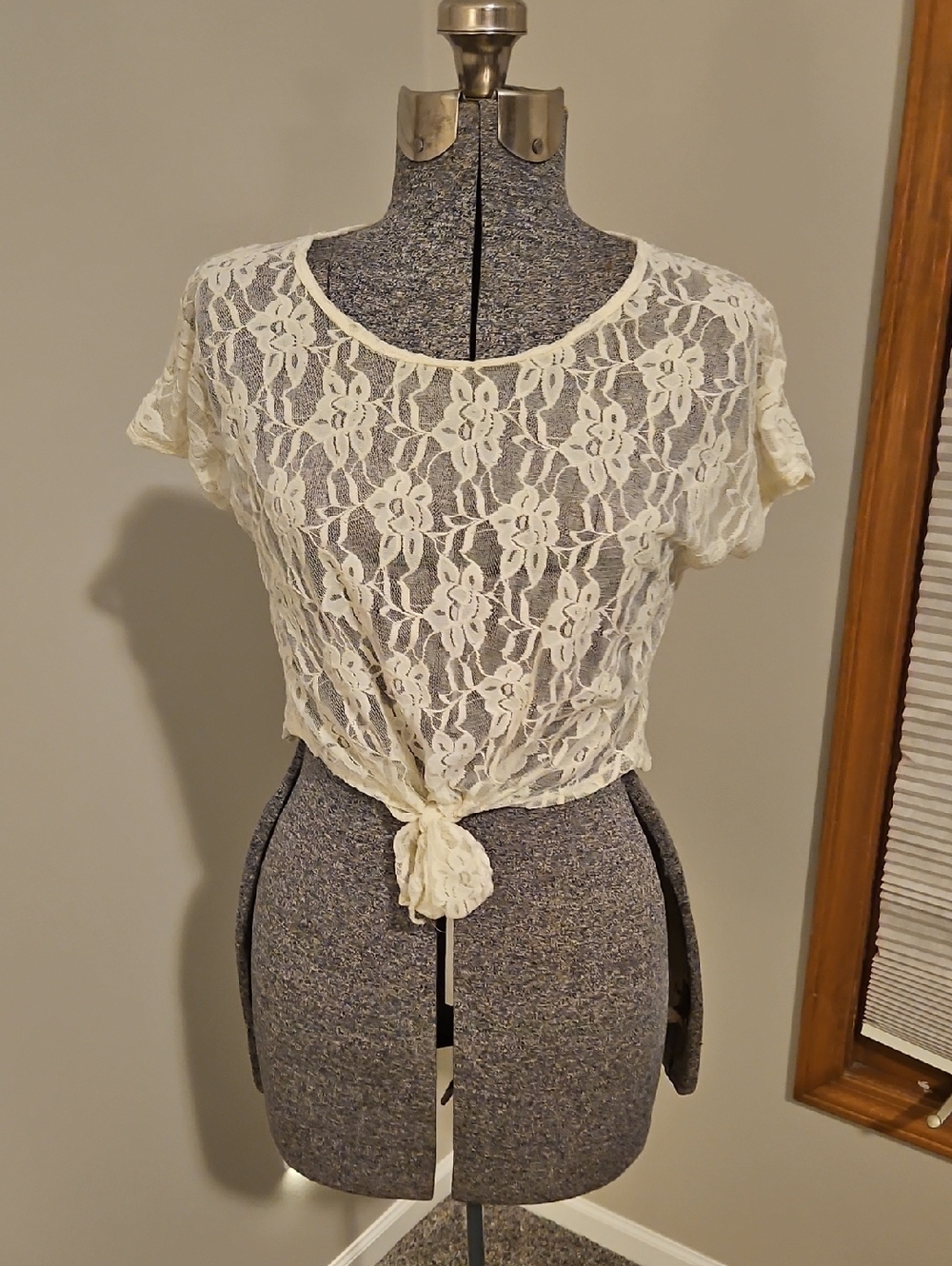 American Rag Sheer Lace Tie Front Crop Tee